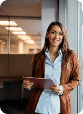 Woman smiling with a tablet